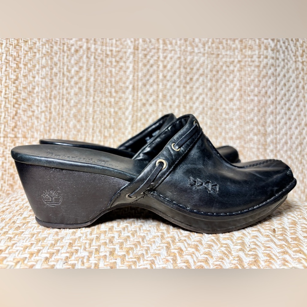 Timberland Comfort Clogs Womens Size 7 Black Leather Slip On Shoes Arch Supports
